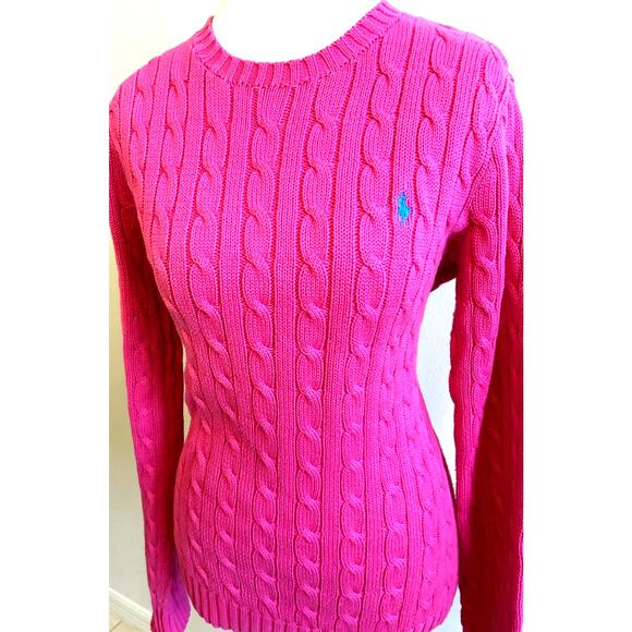 VTG Ralph Lauren Women’s Cable Knit Sweater Pink Preppy Retro Barbie Pony Logo M - Picture 1 of 10